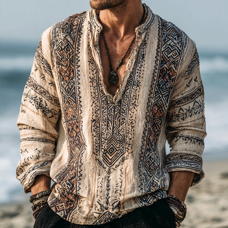 Men's Aztec Patterns V Neck Long Sleeve Shirt MTA1108H7Z