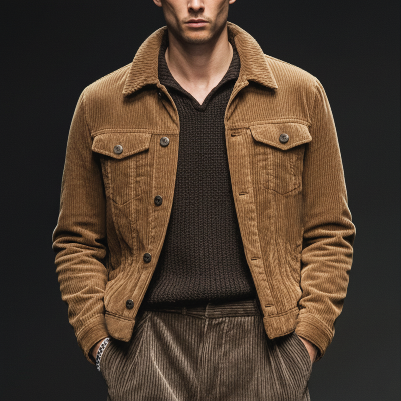 Men's Classic Camel Brown Corduroy Button-Up Jacket MTA0638K0U