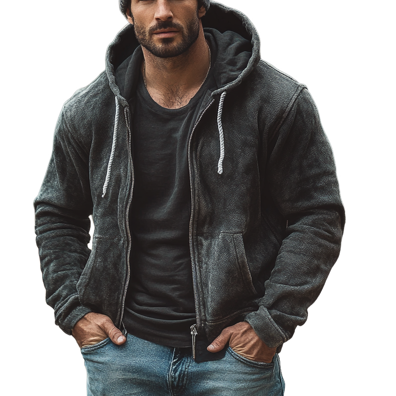 Men's Polar Fleece Vintage Zip-Up Hoodie Jacket MTA1396J1X