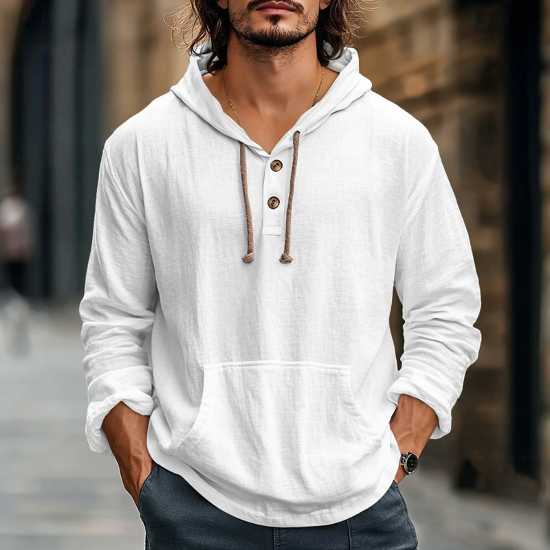 Men's Casual Solid Color Breathable Cotton Kangaroo Pocket Loose Long Sleeve Hoodie MTA2162G1M