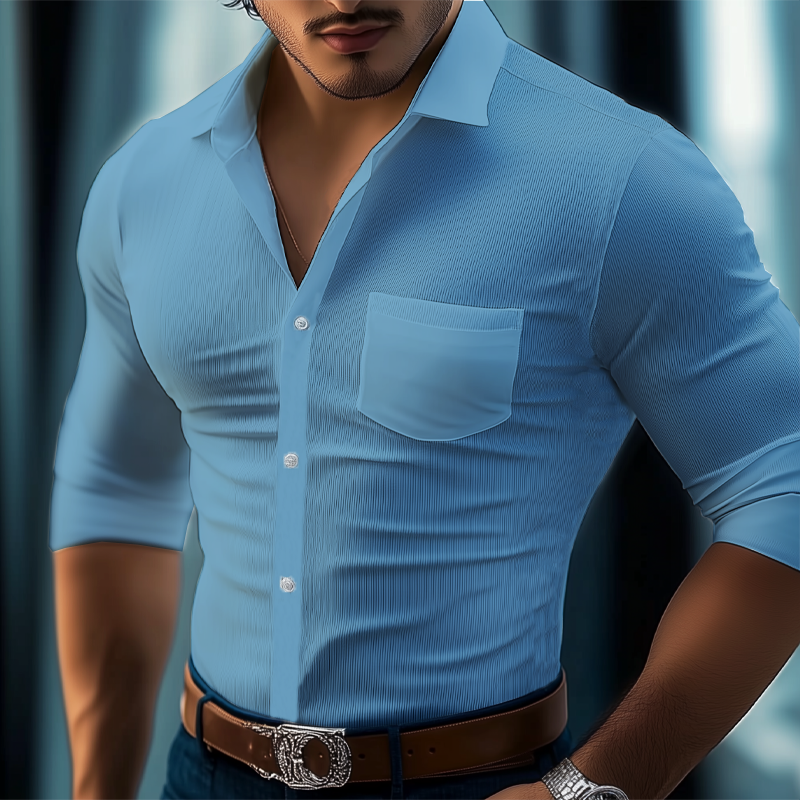 Men's Business Solid Color Striped Textured Long Sleeve Shirt MTA2943G8U