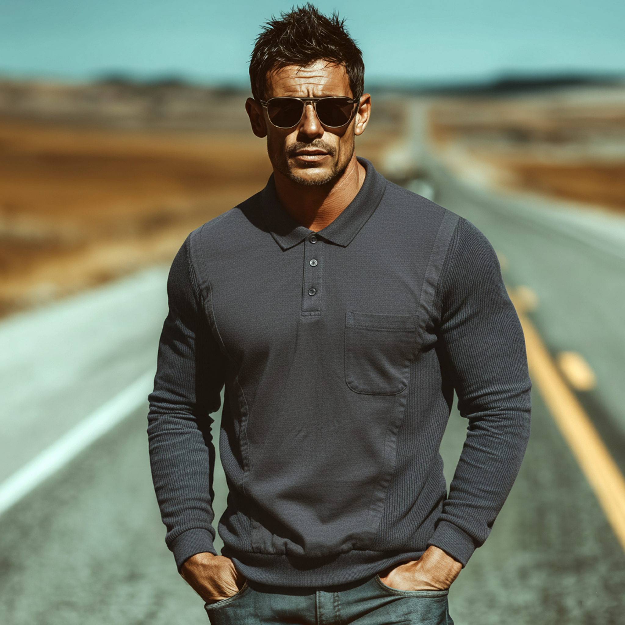 Men's Classic Casual Western-style Tough Guy Look Cotton Blend Long-sleeved Polo Shirt MTA1190L0K