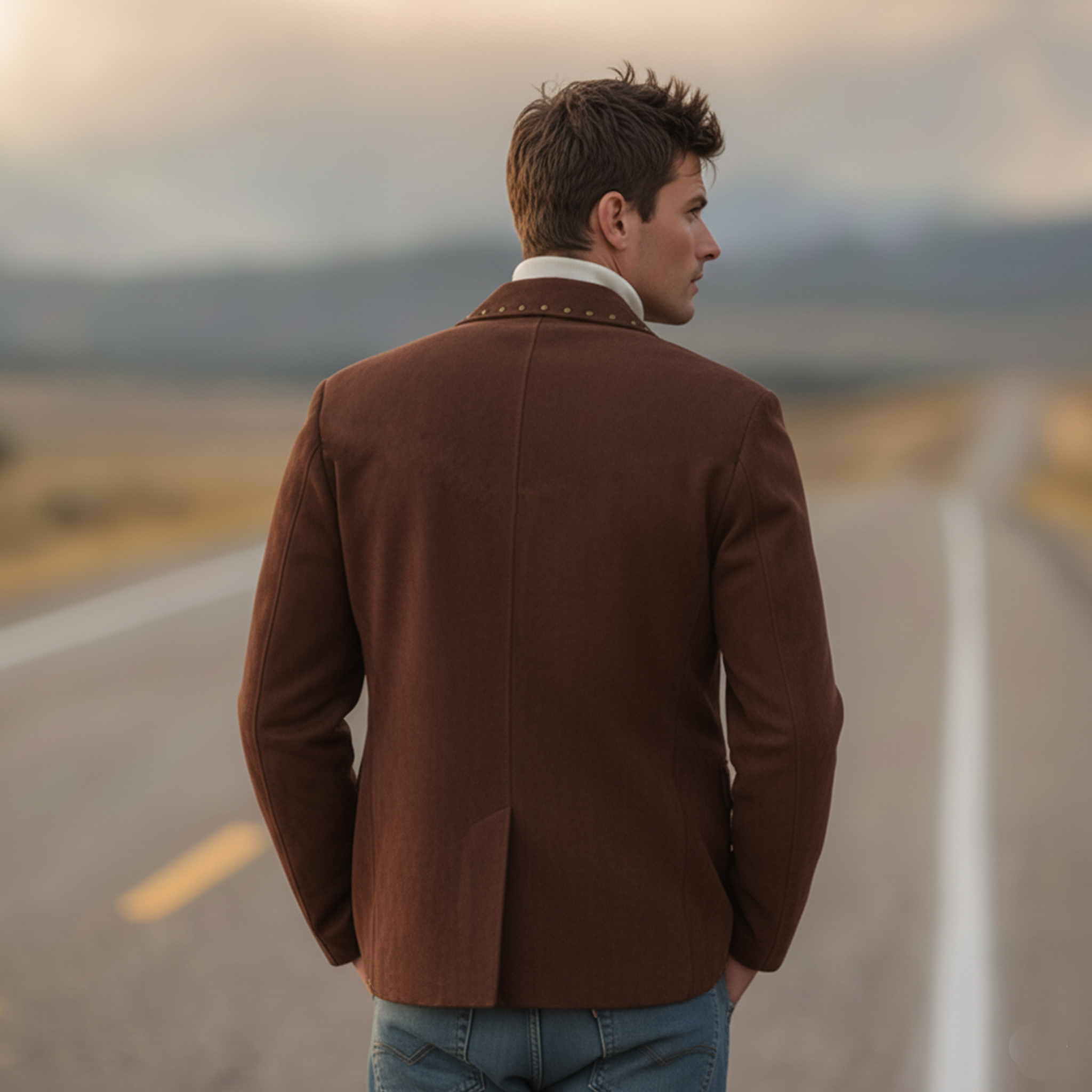 Men's Classic Retro Western Style Stand-up Collar Metal Studded Faux Suede Blazer MTA1026K3K