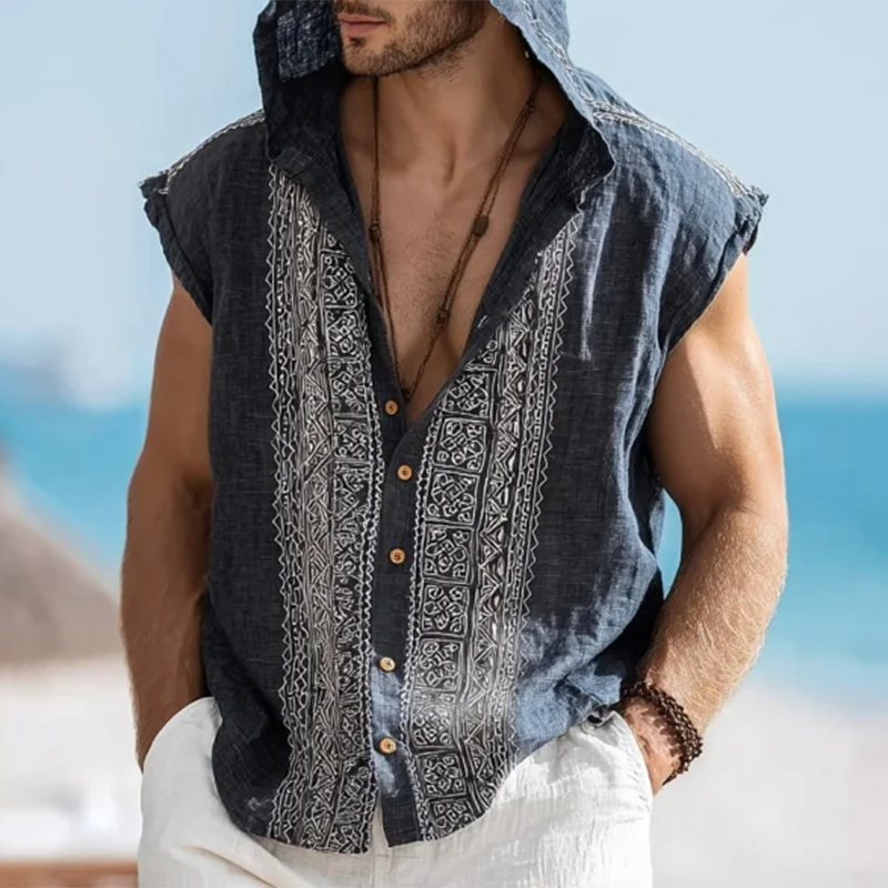 Men's Embroidered Single Breasted Hooded Sleeveless Shirt MTA0481G5Y
