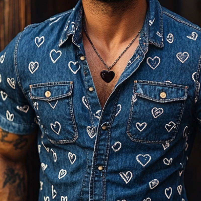 Men's Heart Print Denim Washed Short Sleeve Shirt MTA0984F6Y