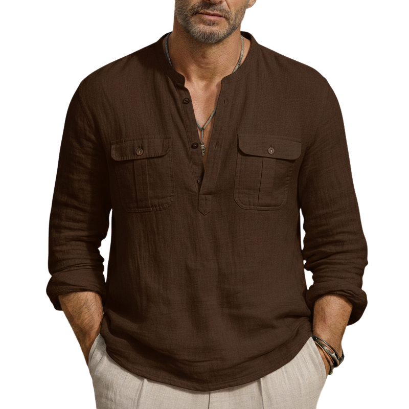 Men's Classic Brown Cotton Linen Long-Sleeve T-Shirt MTZ1015B2U