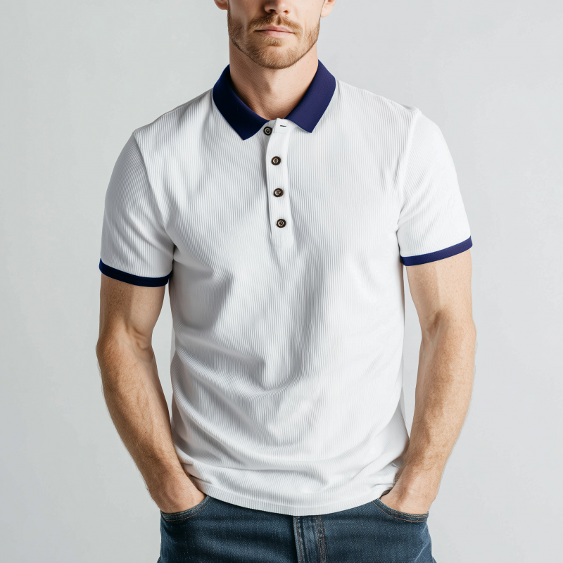 Men's Casual Cotton Blend Colorblock Ribbed Lapel Slim Fit Short Sleeve Polo Shirt MTA2367G9M