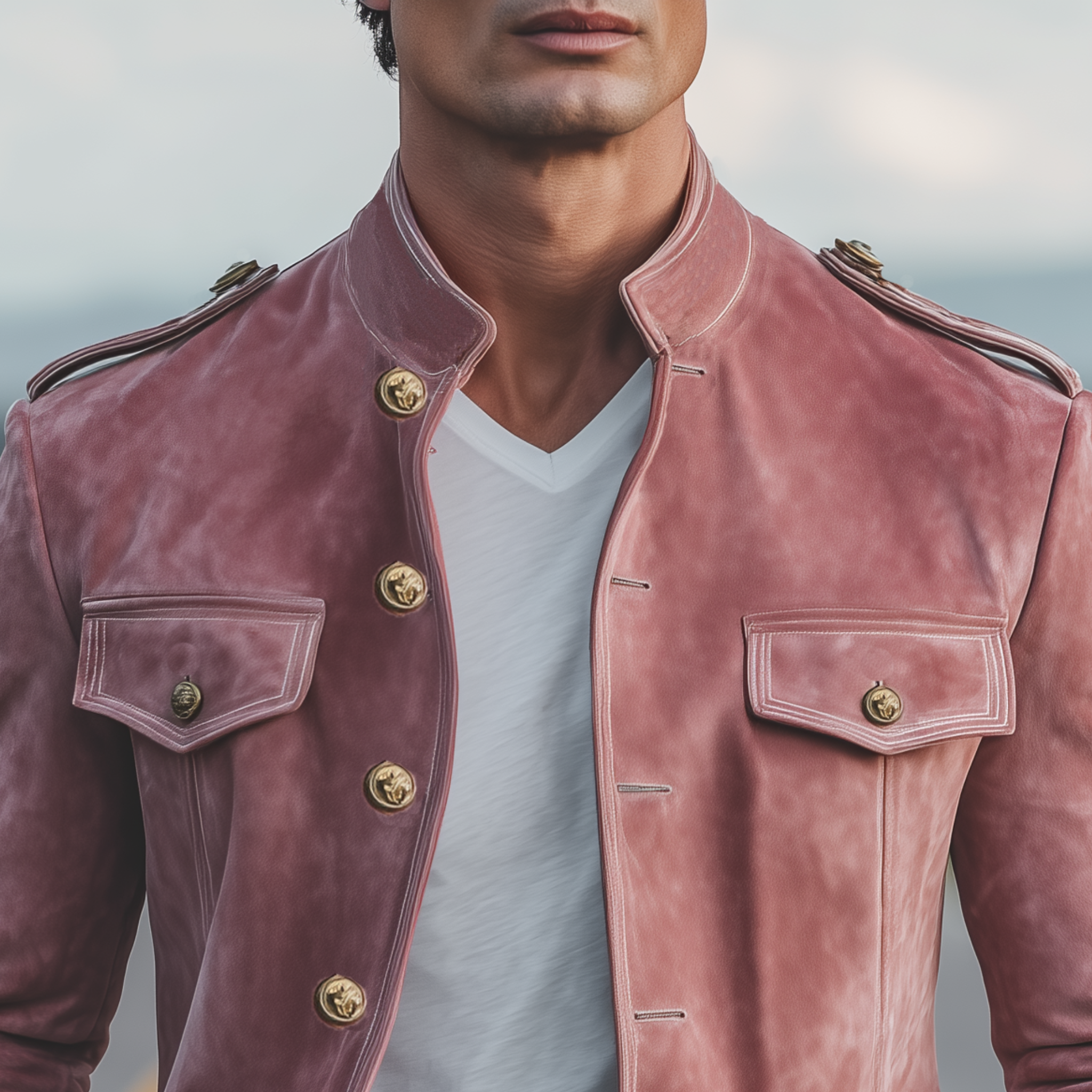 Men's Classic Retro Stand Collar Pink Suede Multi-pocket Slim-fit Jacket MTA3069H5K