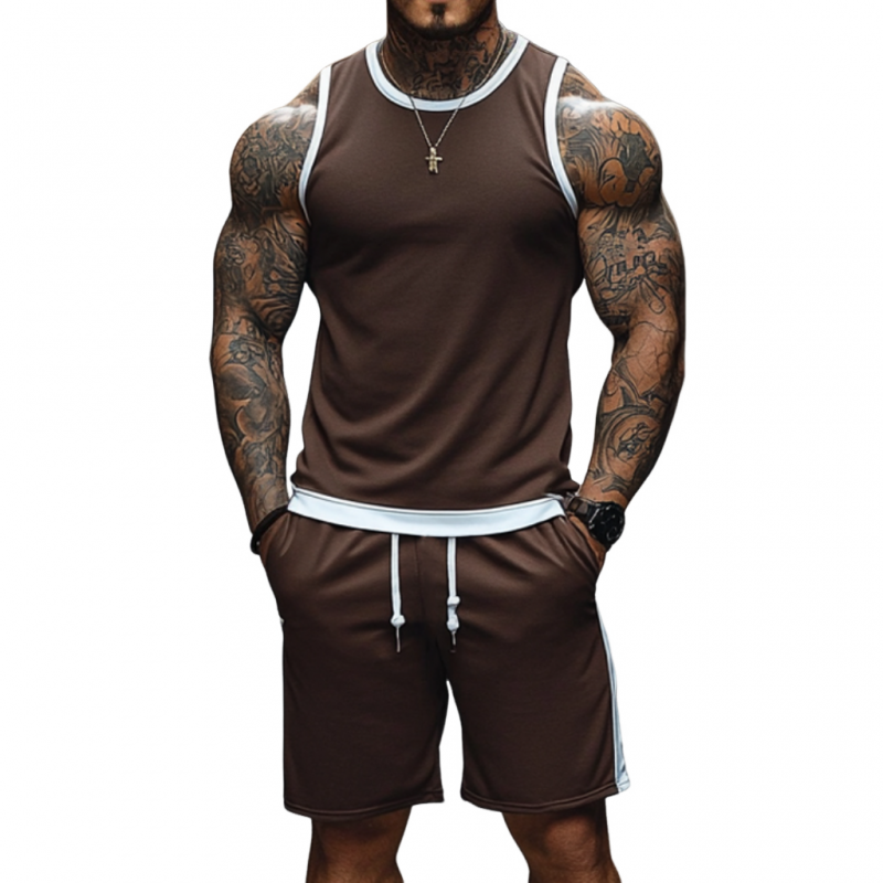 Men's Casual Breathable Cotton Colorblock Round Neck Tank Top Elastic Waist Shorts Sports Set MTA2661E6M