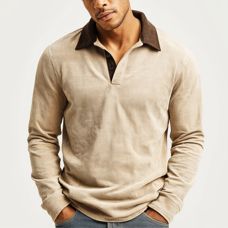 Men's Classic Corduroy Three-Button Color-Blocked Collar Polo Shirt MTA0388K3U
