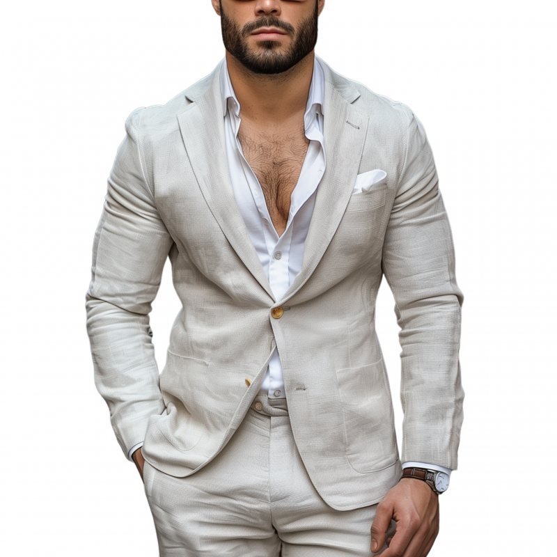 Men's Casual Solid Color Breathable Linen Notch Lapel Single-breasted Slim-fit Blazer MTA1784G7M