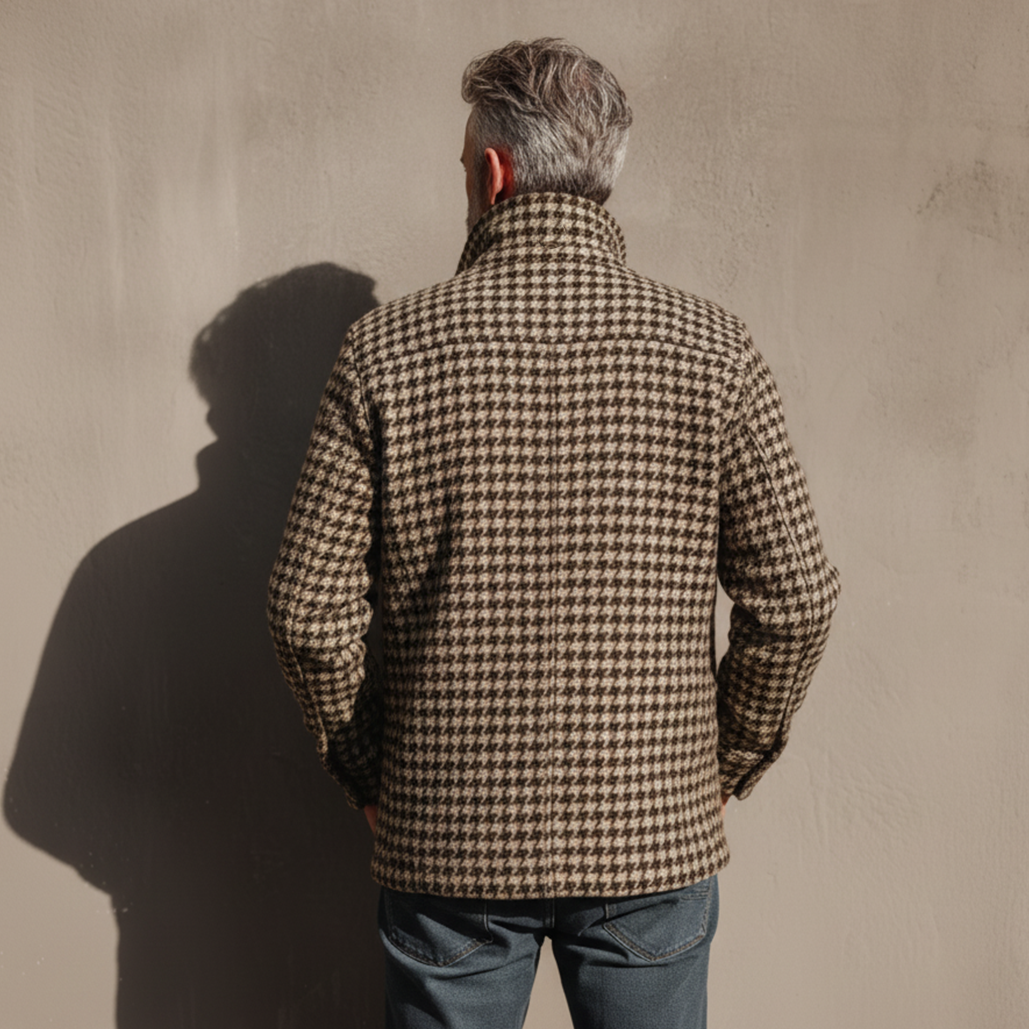 Men's Classic Retro Stand Collar Multi-pocket Faux Houndstooth Woolen Jacket MTA2964I6K