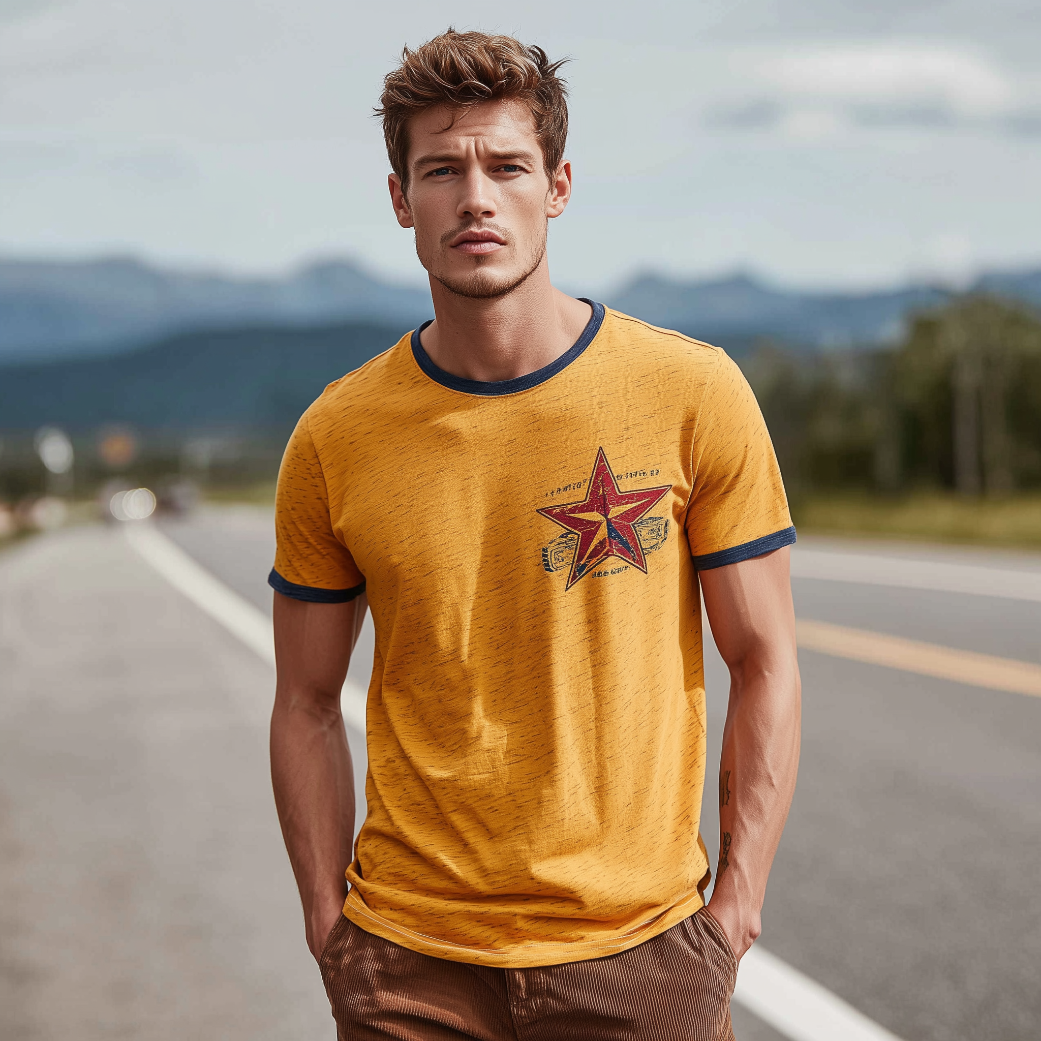 Men's Classic Casual Heathered Cotton Blend Contrast Stitching And Print Crew Neck Short Sleeve T-shirt MTA2373G2K