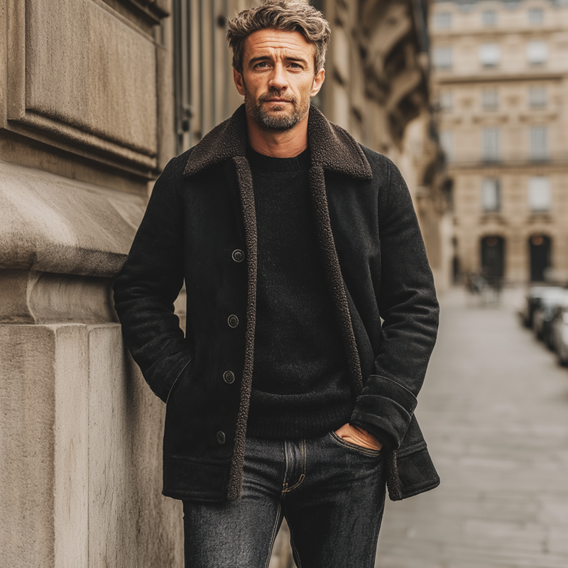 Men's Classic Button-down Suede Fleece-lined Mid-length Coat MTA3157J5U