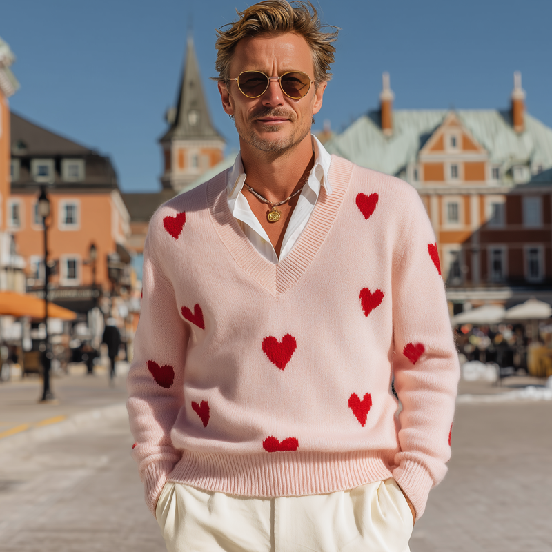 Men's Casual V-Neck Heart Pattern Pink Pullover Sweater MTA1357I5U