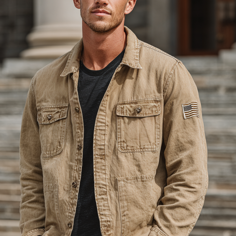Men's Retro Washed Cotton Lapel Multi-pocket Cargo Jacket MTA1219I6Z
