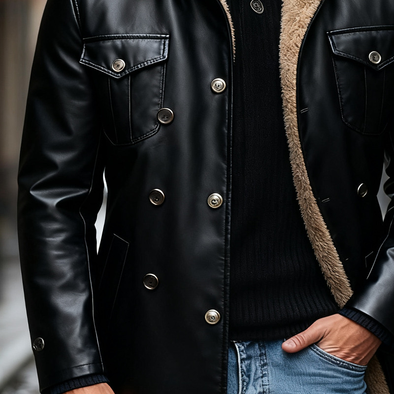 Men's Lapel Polar Fleece Lining Multi-pocket Mid-length PU Coat MTA1707J5X