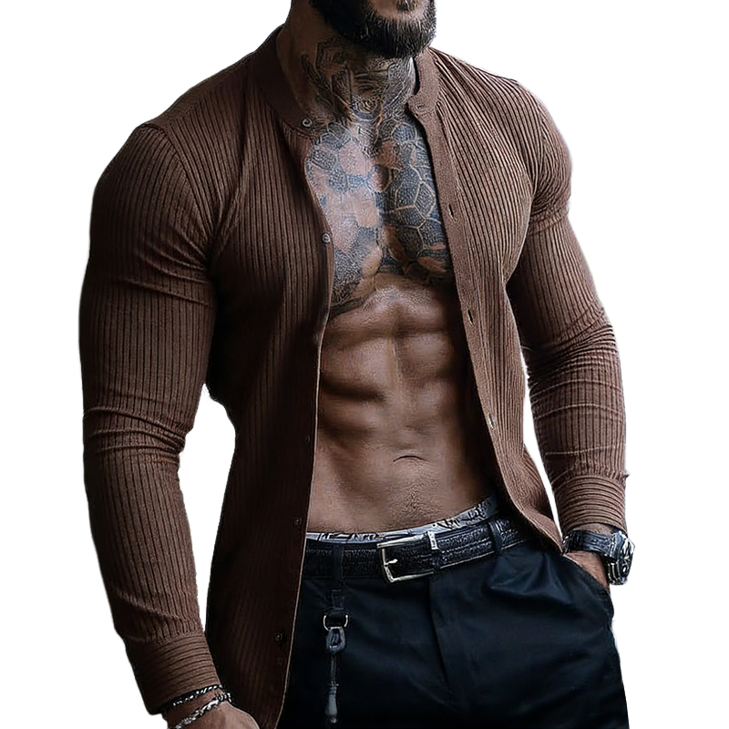 Men's Retro Casual Ribbed Crew Neck Button-Up Long Sleeve T-Shirt MTZ1412A2TO