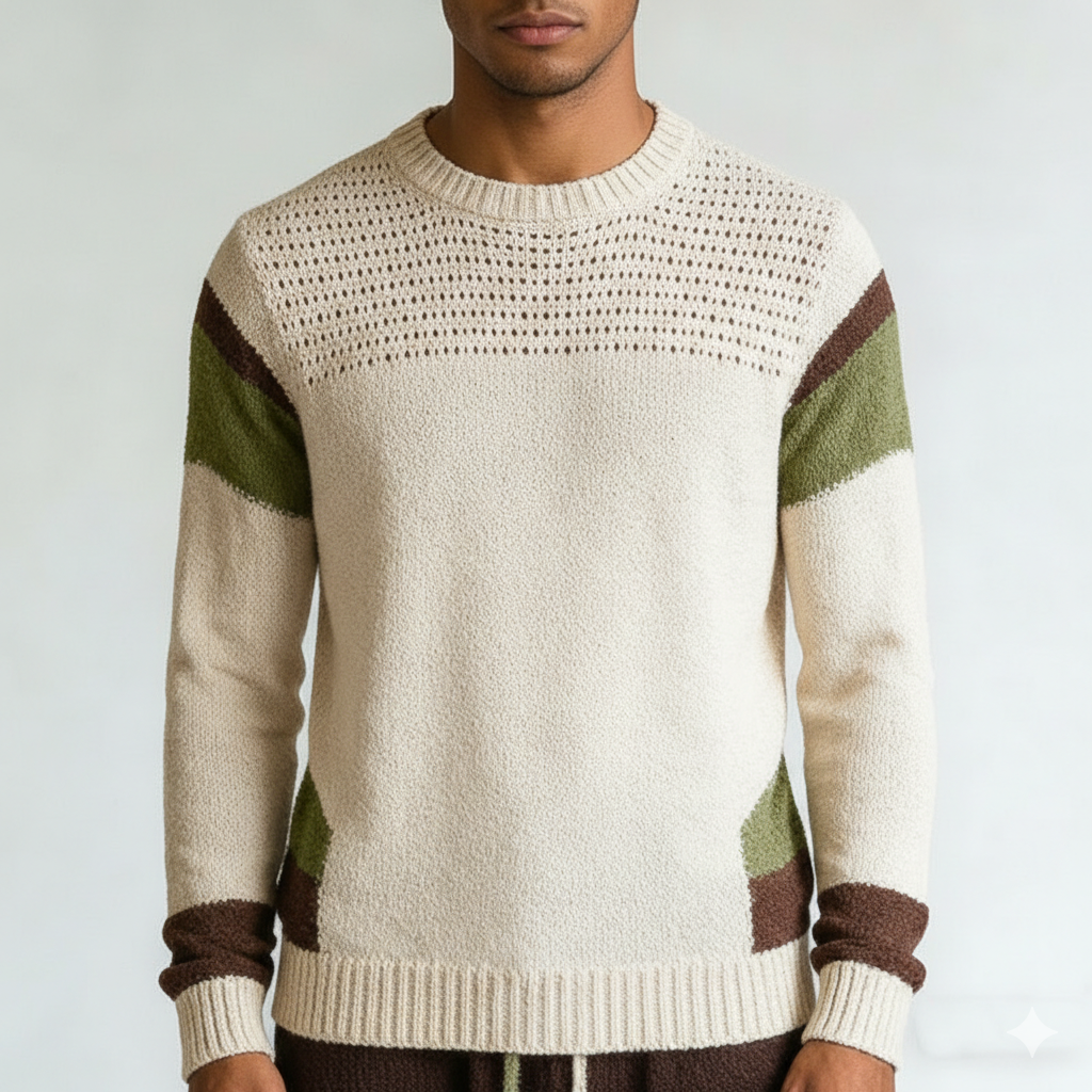 Men's Spring Retro Color-Block Cotton Yarn Knitted Long-Sleeve Sweater MTZ2310A2P