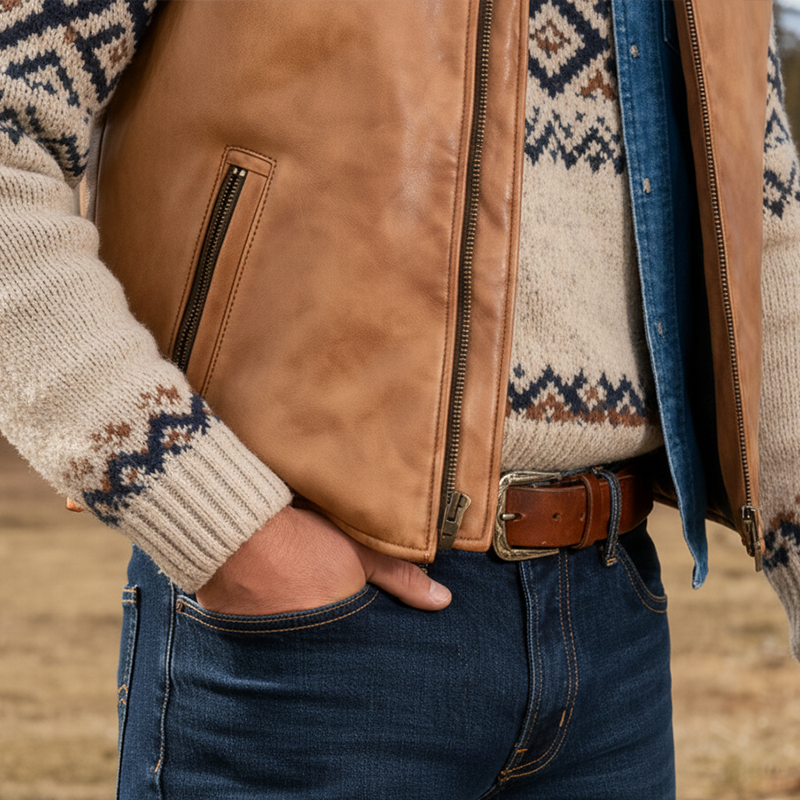 Men's Winter Retro PU Faux Leather Lambswool Collar Zipper Vest MTA0502K4P