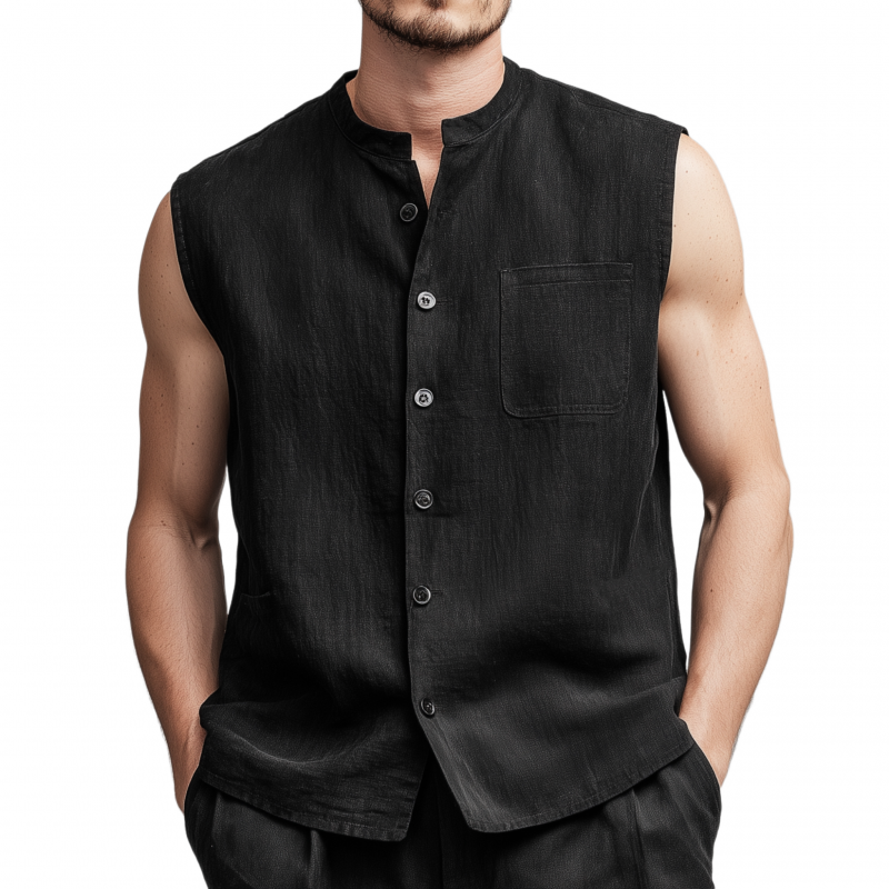 Men's Vintage Faux Suede Stand Collar Single Breasted Patch Pocket Loose Sleeveless Shirt MTA2519G2M