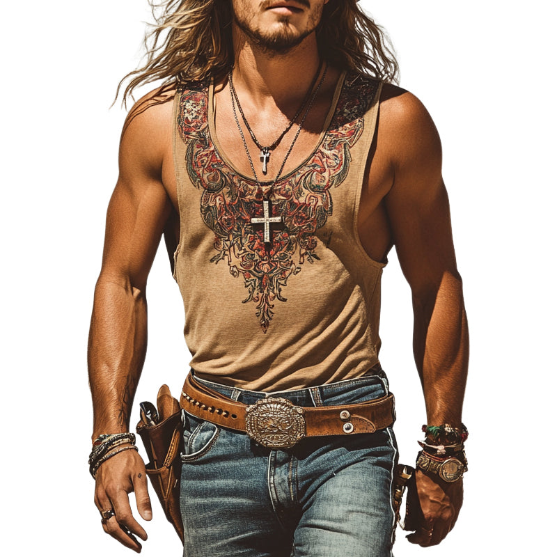 Men's Western Cowboy Vintage Printed Crew Neck Tank Top MTA1305E4X