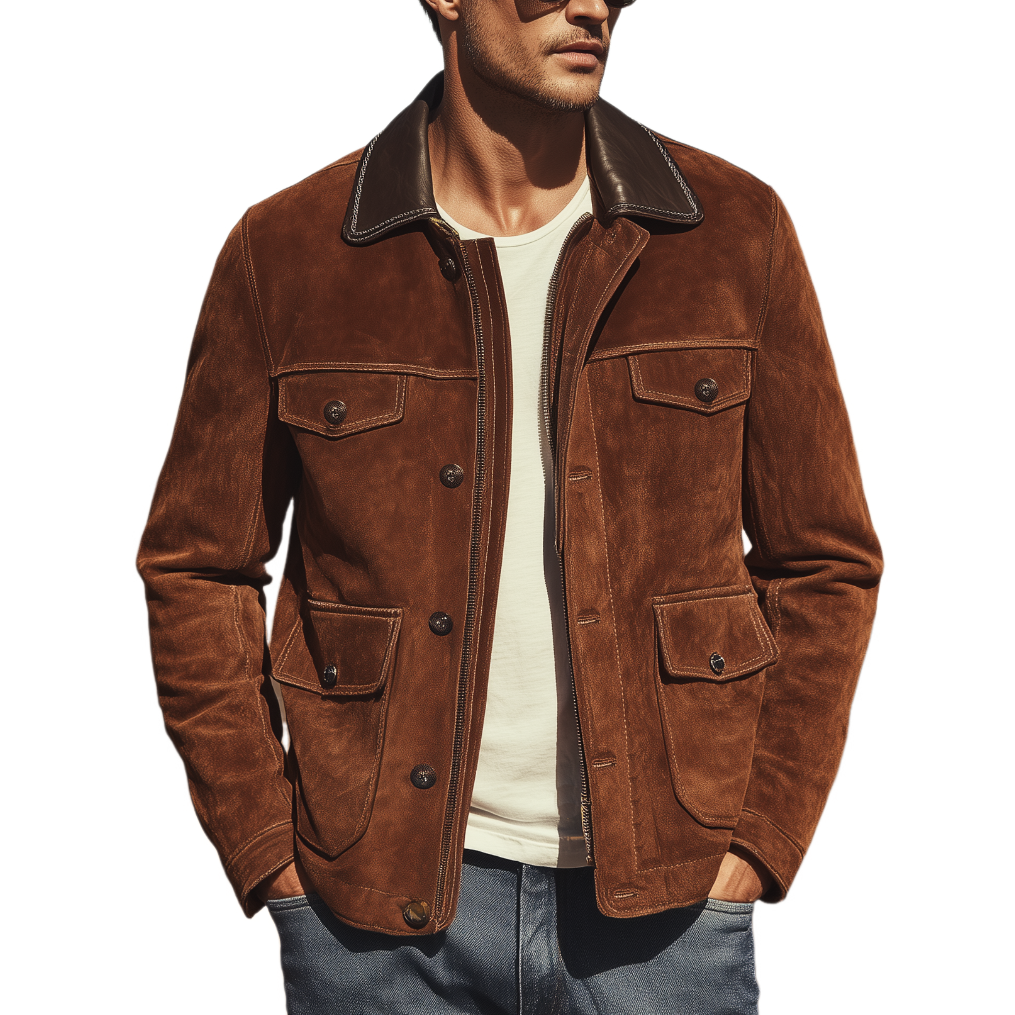 Men's Classic Casual Western Style Pu Leather Collar Multi-pocket Suede Jacket MTA1190H7K