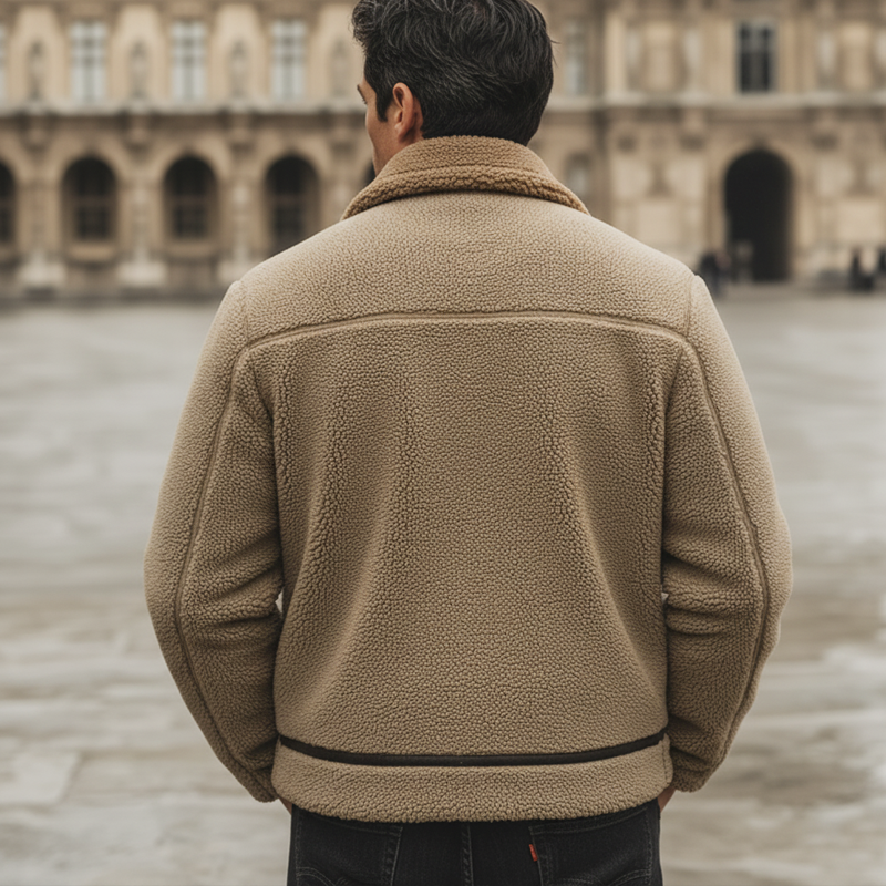 Men's Urban Warm Khaki Lambskin And PU Leather Patchwork Zip-up Jacket MTA2070K0U