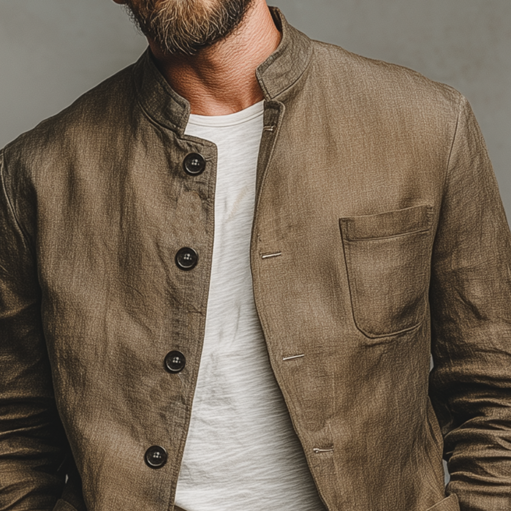 Men's Classic Casual Stand-up Collar Cotton And Linen Multi-pocket Thin Jacket MTA2596G7K