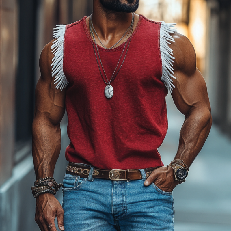Men's Casual Breathable Cotton Round Collar Contrast Color Tassel Loose Tank Top MTA2114E8M