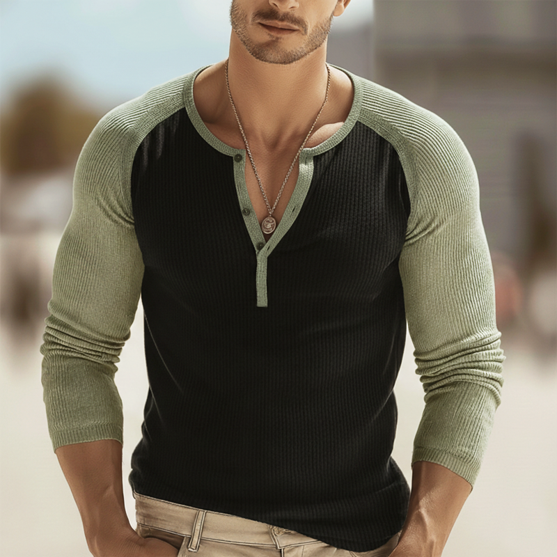 Men's Urban Henley Collar High-stretch Slim-fit Color-block Long-sleeved T-shirt MTZ3026A3U