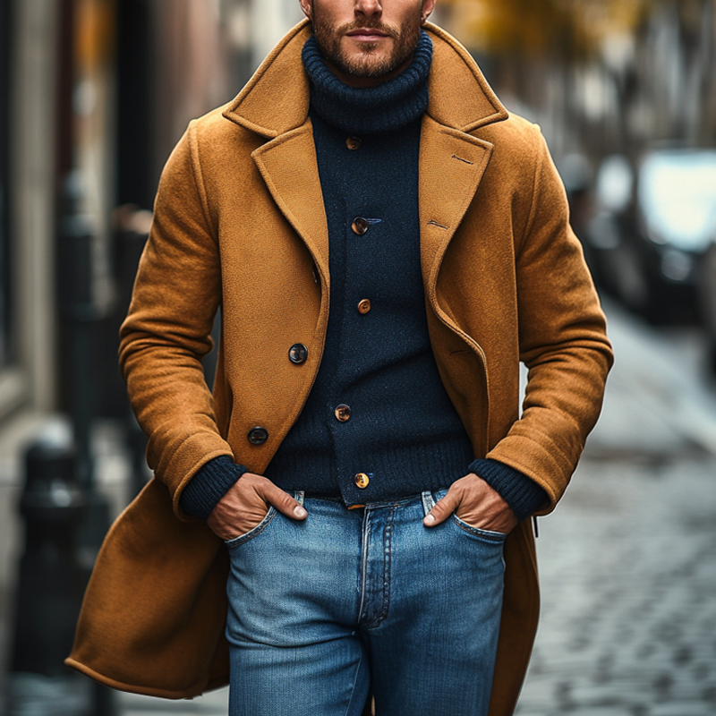 Men's Solid Color Casual Lapel Single-breasted Imitation Blended Wool Coat MTA1808I9X