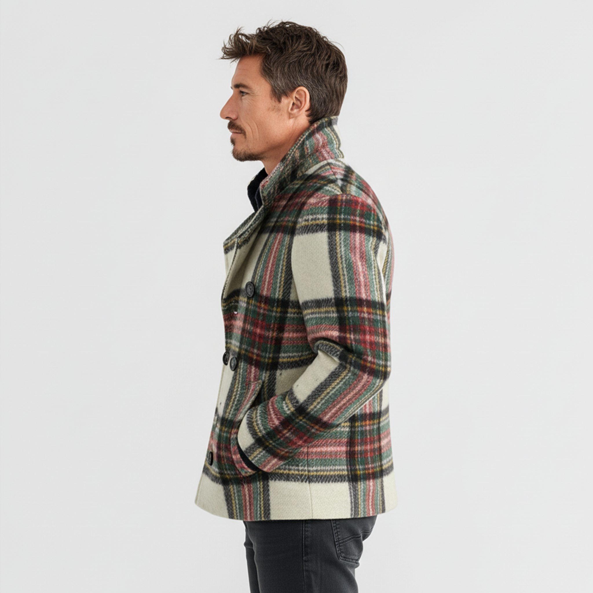 Men's Classic Lapel Christmas Party Plaid Wool Double Breasted Jacket MTA3025I3K