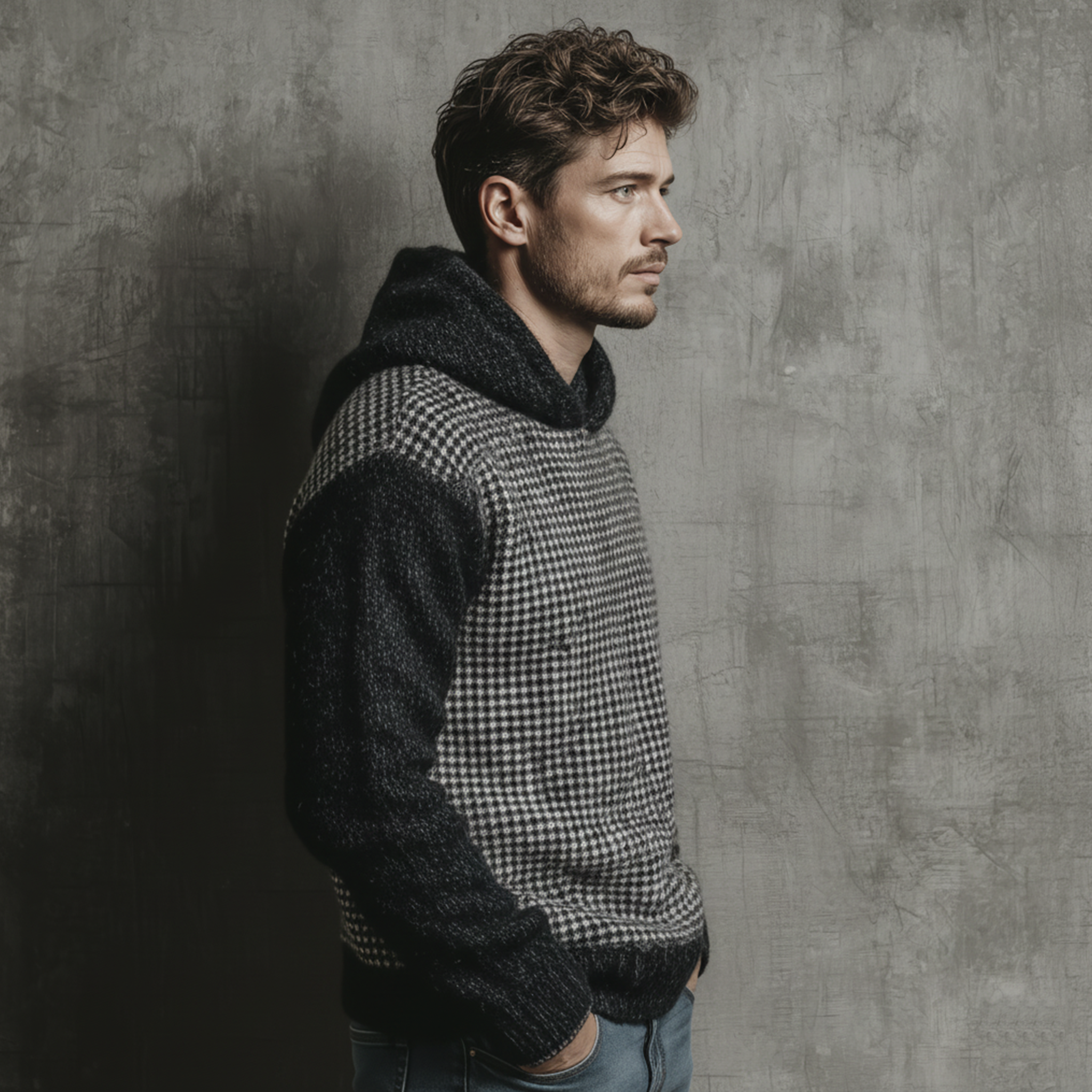 Men's Classic Casual Patchwork Houndstooth Pattern Hooded Loose Sweater MTA1007J2K