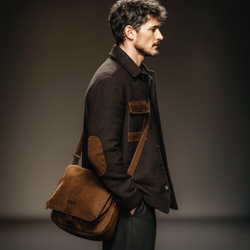 Men's Vintage Twill Faux Wool Patchwork PU Leather Jacket MTA2312J7U