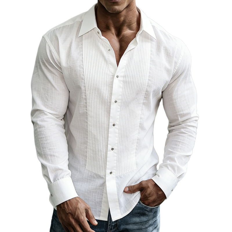 Men's Retro Casual Pleated Cotton Linen Lapel Long-Sleeve Shirt MTZ2222A9TO