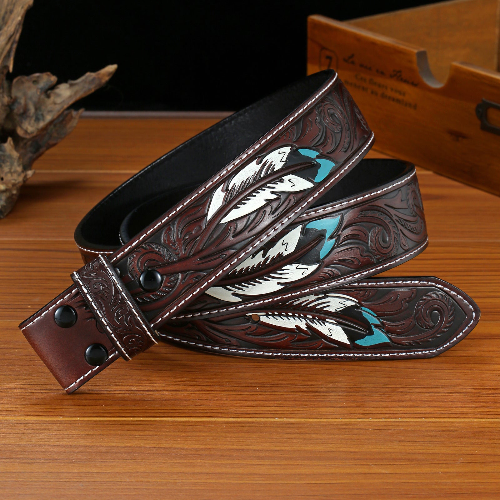 Men's Vintage Genuine Leather Punk Style Embossed Feather Snap Belt MTA0850E9U