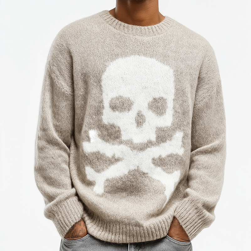 Men's Retro Casual Knitted Skull Round Neck Pullover Sweater MTA2987K4TO