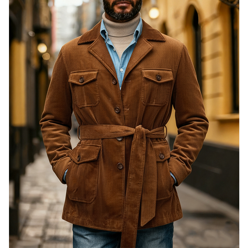 Men's Retro Solid Color Corduroy Multi-Pocket Jacket MTA0642K3X