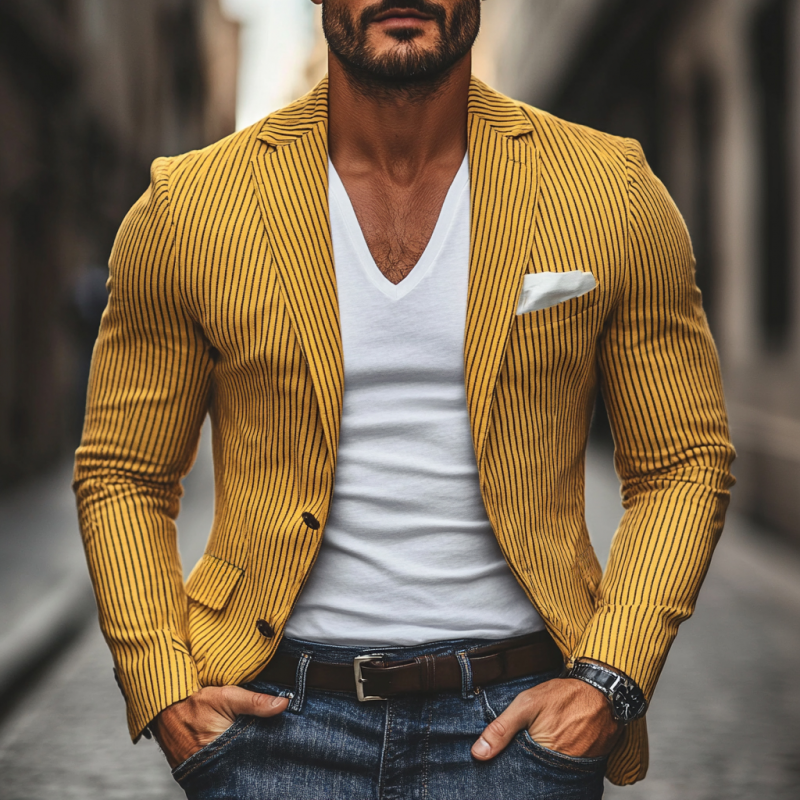 Men's Casual Breathable Linen Pinstripe Notched Lapel Single Breasted Slim Fit Blazer MTA2861D2M