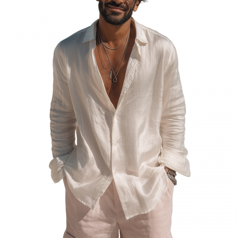 Men's Casual Breathable Skin-friendly Tencel Blended Lapel Loose Long-sleeved Shirt MTA1104G2M