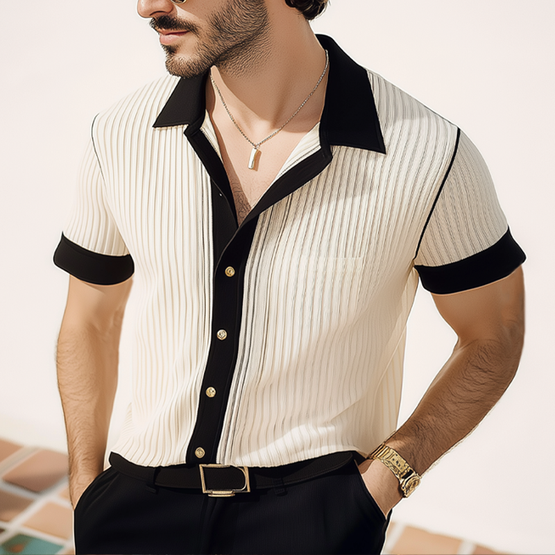 Men's Summer Classic Business Striped Knitted Short Sleeve Shirt MTA3012F4U