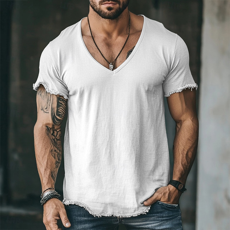 Men's Retro Casual Solid Color Linen Raw Edge V-Neck Short Sleeve T-Shirt MTA2561F2TO