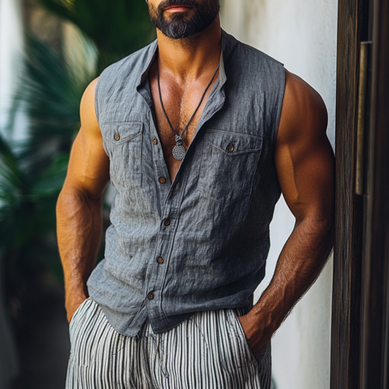 Men's Casual Solid Color Breathable Linen Lapel Chest Pocket Sleeveless Shirt MTA2948E4M