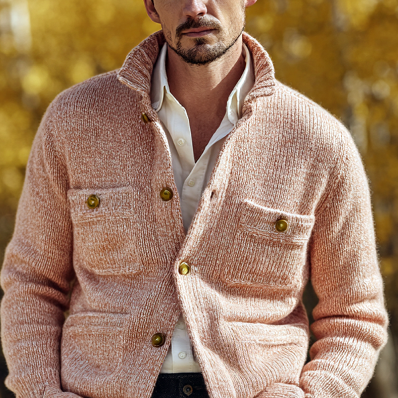 Men's Solid Knit Lapel Multi-pocket Single Breasted Jacket Cardigan MTA0365I5Z