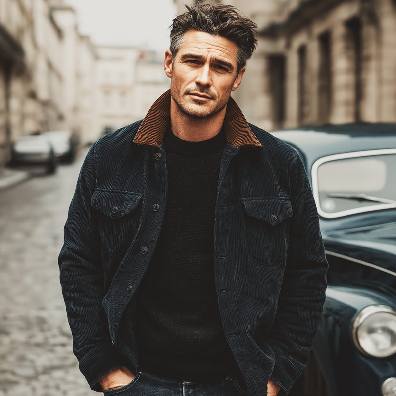 Men's Retro Navy Blue Corduroy Color Block Collar Button Jacket MTA0387K4U