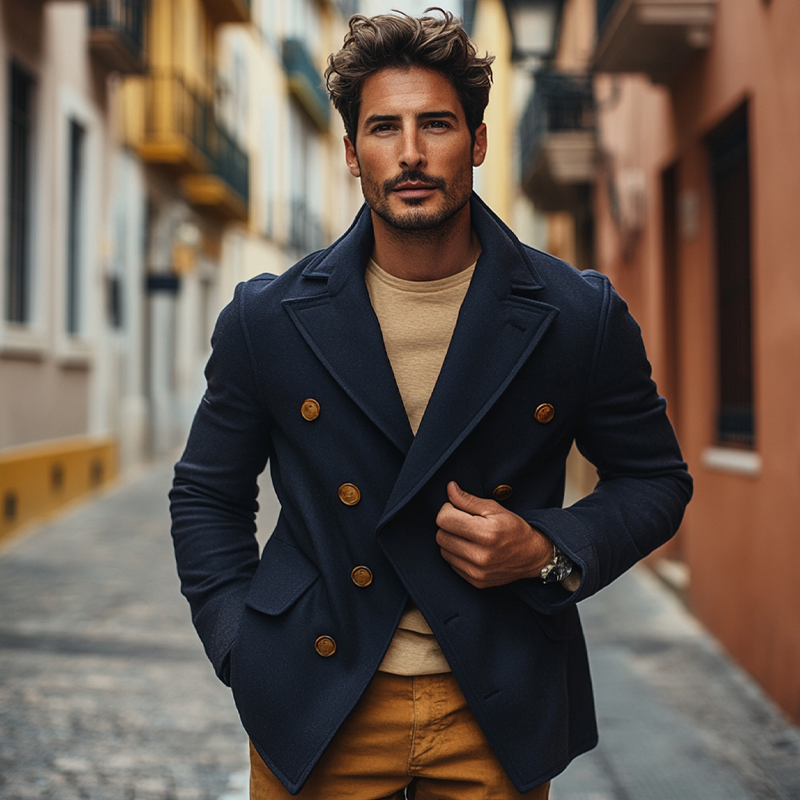 Men's Faux Wool Blend Lapel Double-Breasted Jacket MTA0440I7X