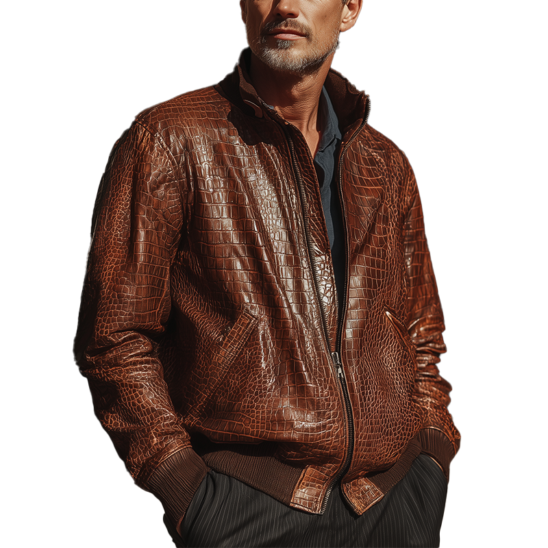 Men's Winter Vintage Faux Crocodile Leather-textured PU Leather Jacket MTA1881I1P