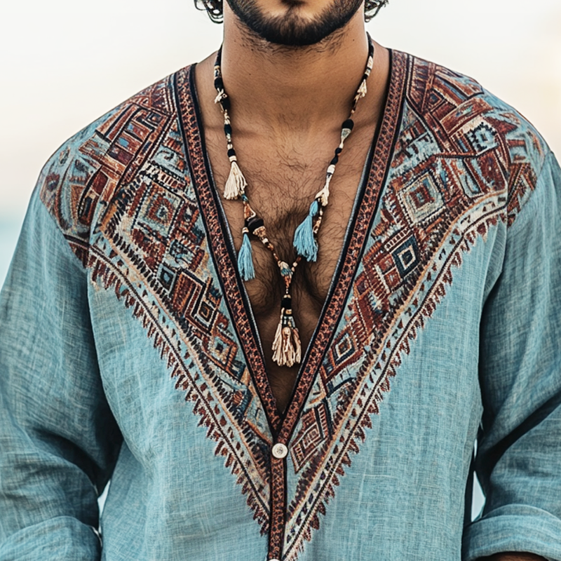 Men's Ethnic Print V Neck Long Sleeve Shirt MTA0279H9Z