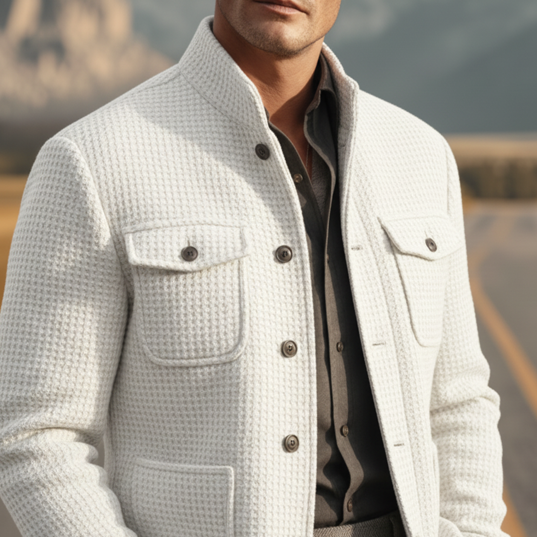 Men's Classic Retro Stand Collar Multi-pocket Waffle Jacket MTA2500J8K